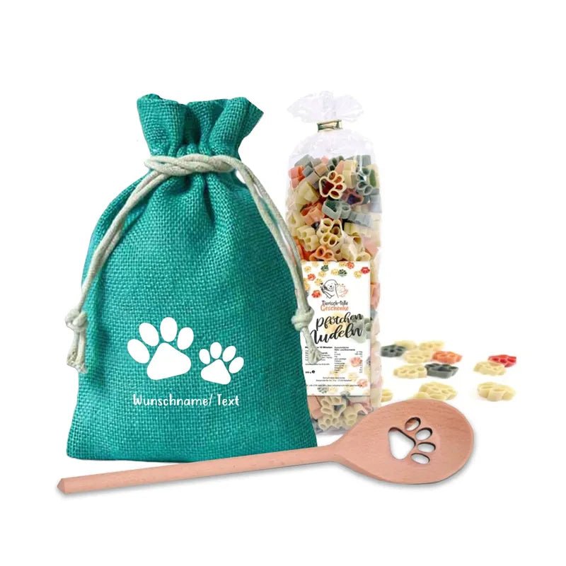 Türkiser Jute Beutel mit zwei Pfoten und Wunschnamen bedruckt
