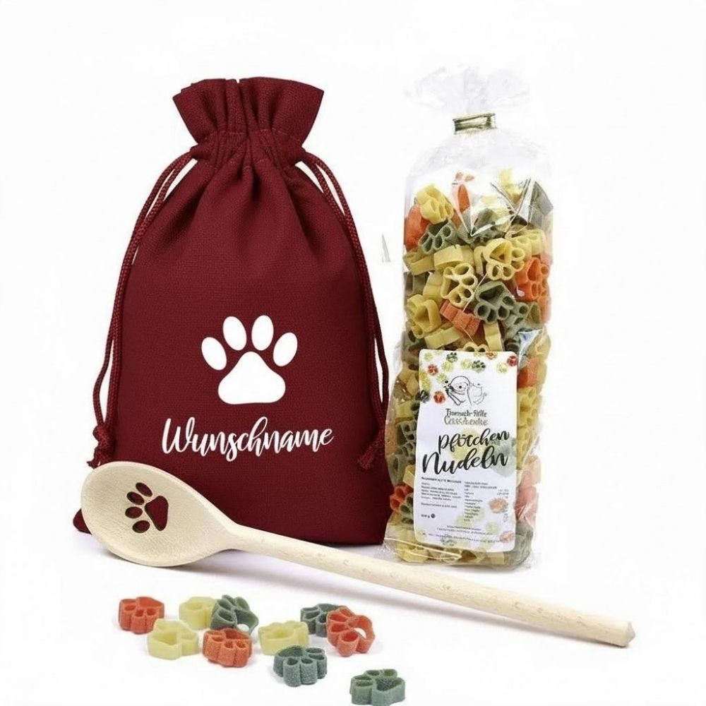 Personalisiertes Geschenk für Hundebesitzer – Pfotennudeln-Set mit Wunschmotiv (Personalisierbarer Beutel)