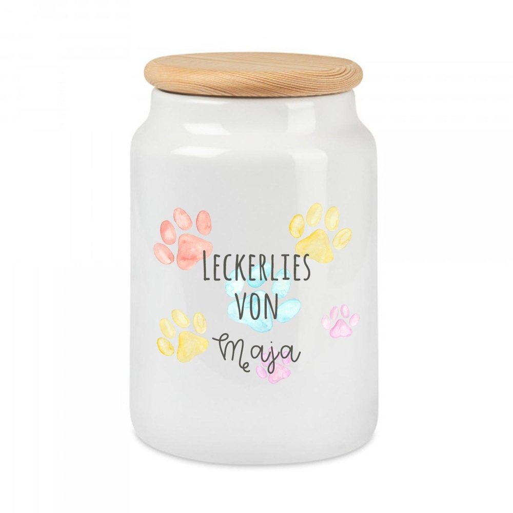 Hunde Leckerli Keramikdose - Aquarell Pfötchen mit Wunschnamen