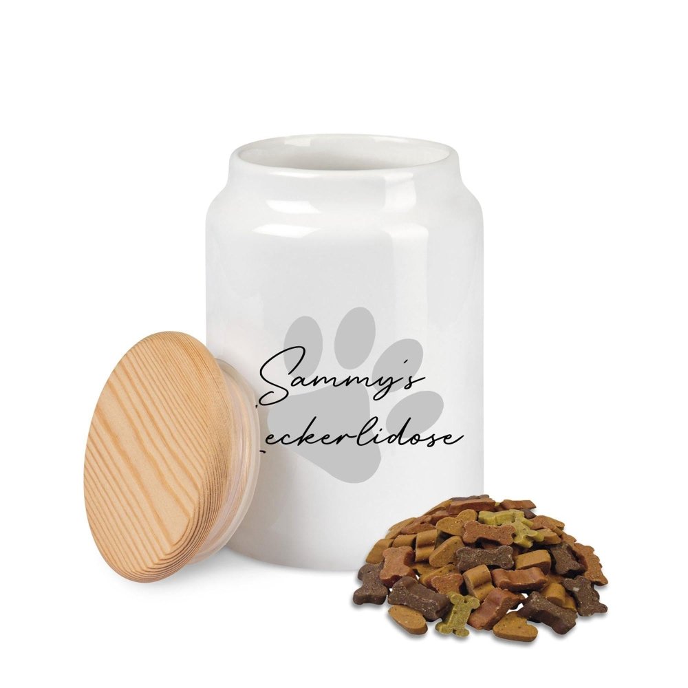 Hunde Leckerli Keramikdose - Pfote grau mit Wunschnamen