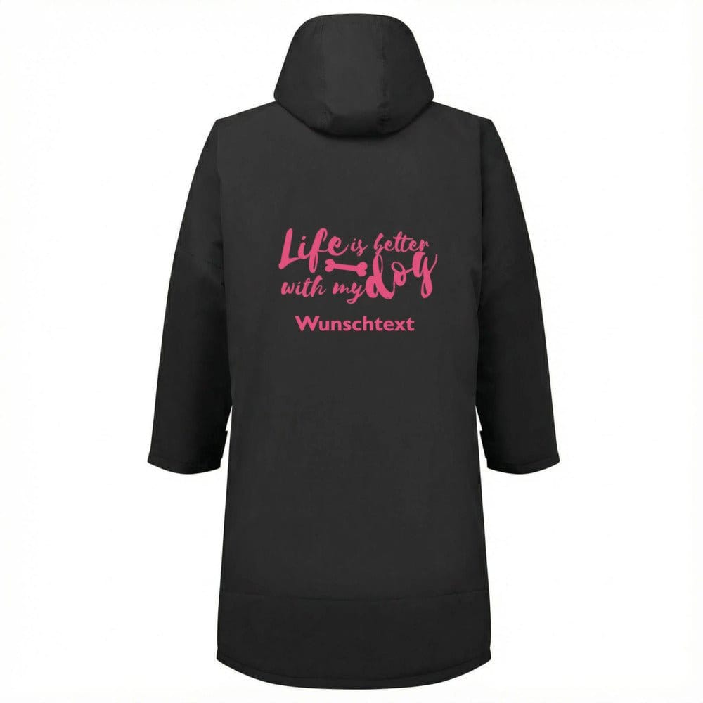 Outdoor Mantel für Hundemenschen, Rückansicht mit Hunde Lifestyle  Motiv, schwarz pink
