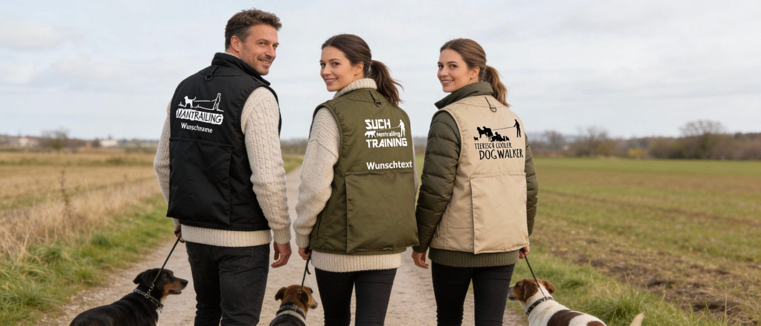 Drei Mantrailer spazieren mit Hunden in Mantrailing Hundesportwesten