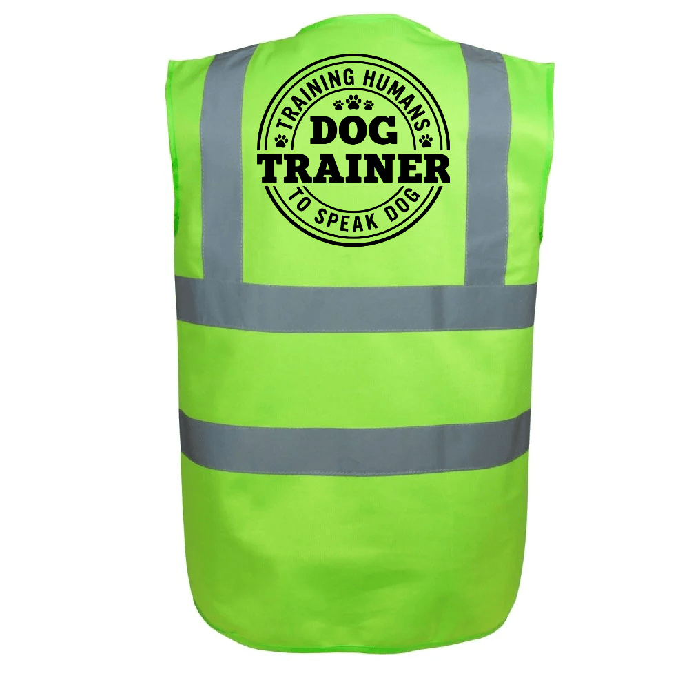 Sicherheitswarnweste für Hundetrainer in Lime mit reflektierenden Streifen und Rückenaufdruck
