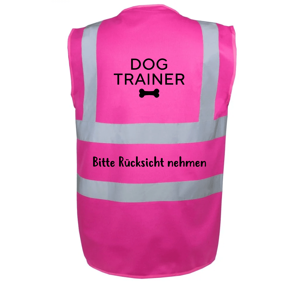 Classic Warnweste für Hundetrainer – neongelb, mit 3M-Reflektorstreifen, Hundetrainer-Motiv „Dog Trainer – Training Humans to Speak Dog“ und individuellem Wunschtext