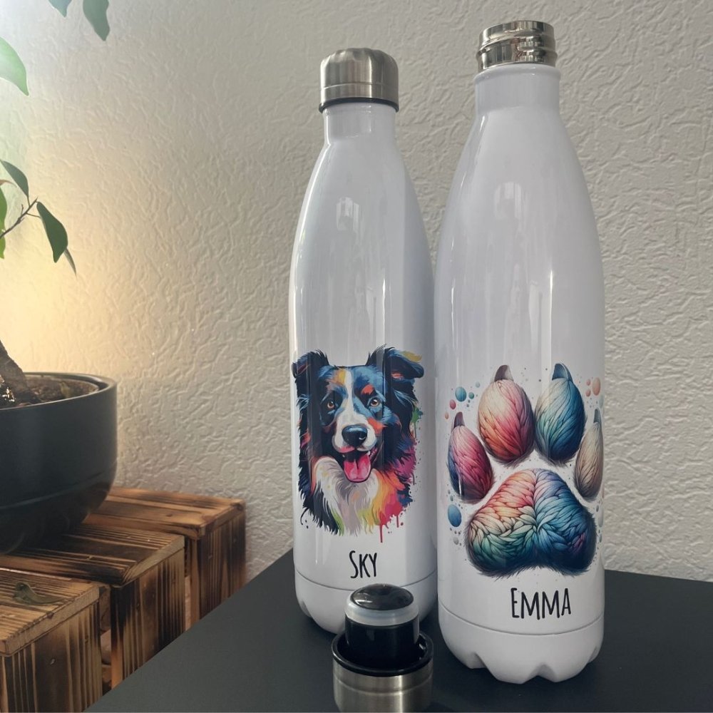 Thermosflasche mit bunter Pfote oder buntem Rassekopf