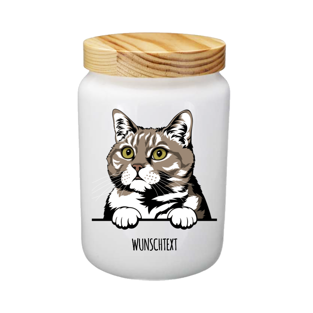 Keramikdose für Katzenleckerlis mit Bambusdeckel luftdicht