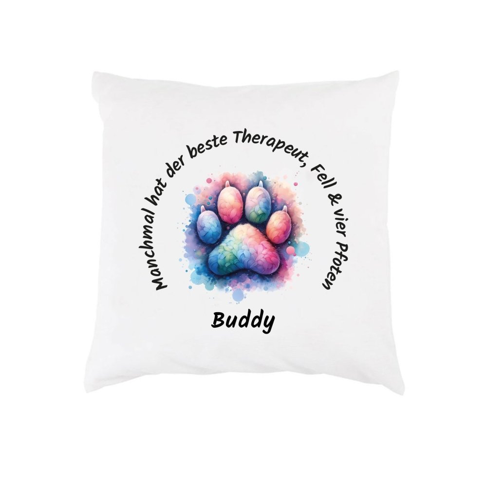 Kissenbezug mit Aquarell Pfote bunt und Wunschnamen