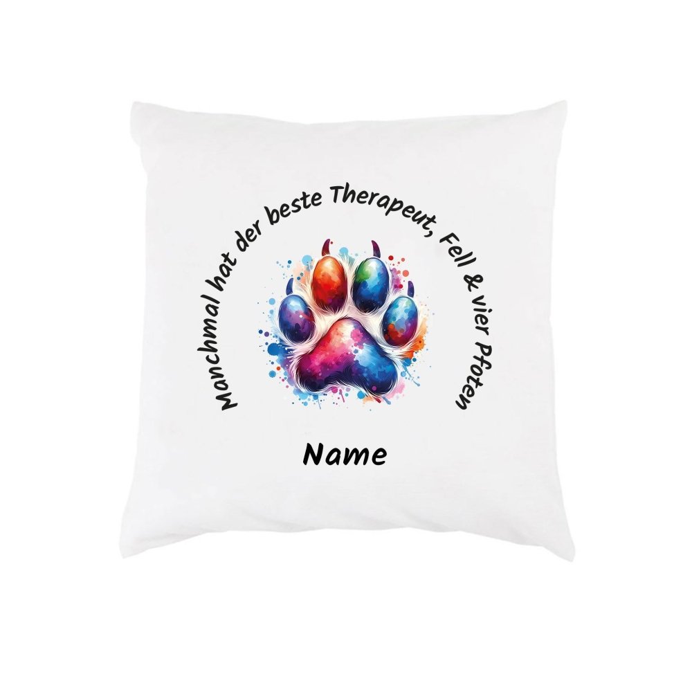 Kissenbezug mit bunter Pfote und Namen