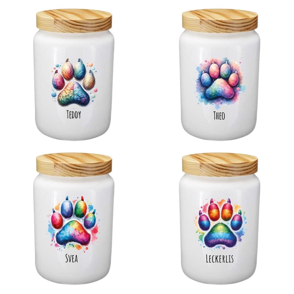 Leckerlidosen mit bunten Pfoten und Namen