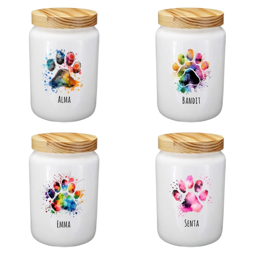 Personalisierbare Leckerlidosen mit bunten Pfoten