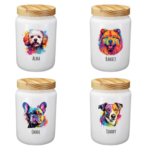 Leckerlidosen mit Hunderasseköpfen und Namen