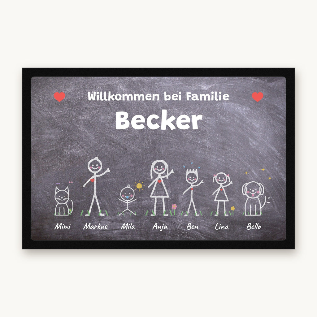 Kreidetafel-Fußmatte „Willkommen bei Familie Becker“ mit bunten Strichmännchen, Hund und Katze, Mattenfarbe Anthrazit
