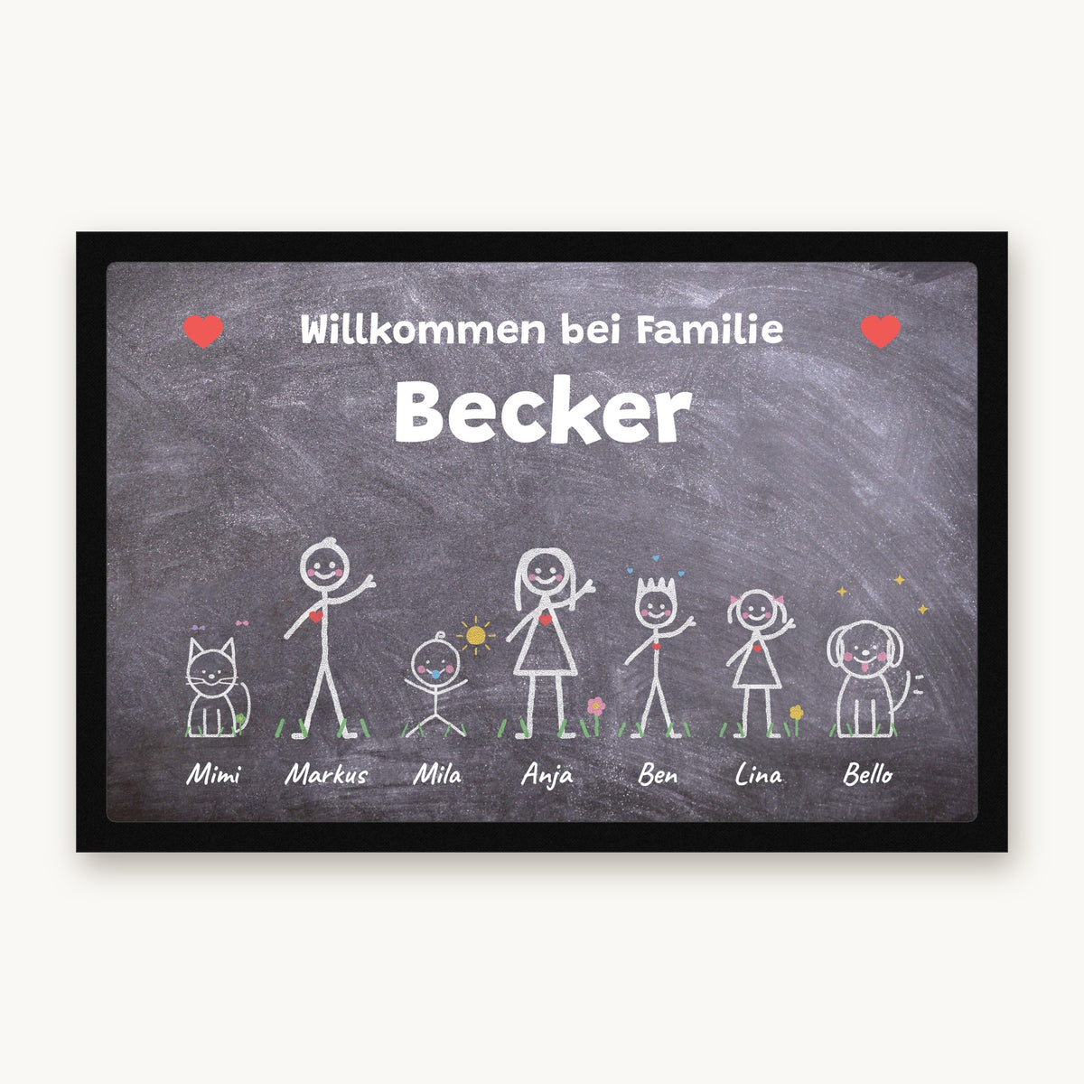 Kreidetafel-Fußmatte „Willkommen bei Familie Becker“ mit bunten Strichmännchen, Hund und Katze, Mattenfarbe Anthrazit