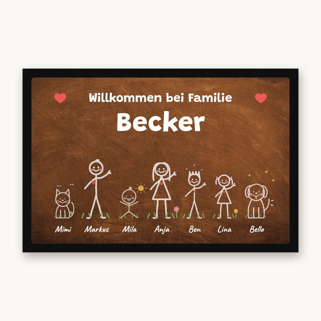 Kreidetafel-Fußmatte „Willkommen bei Familie Becker“ mit bunten Strichmännchen, Hund und Katze, Mattenfarbe Braun