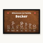 Kreidetafel-Fußmatte „Willkommen bei Familie Becker“ mit bunten Strichmännchen, Hund und Katze, Mattenfarbe Braun