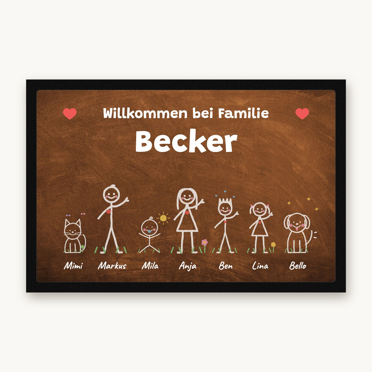 Kreidetafel-Fußmatte „Willkommen bei Familie Becker“ mit bunten Strichmännchen, Hund und Katze, Mattenfarbe Braun