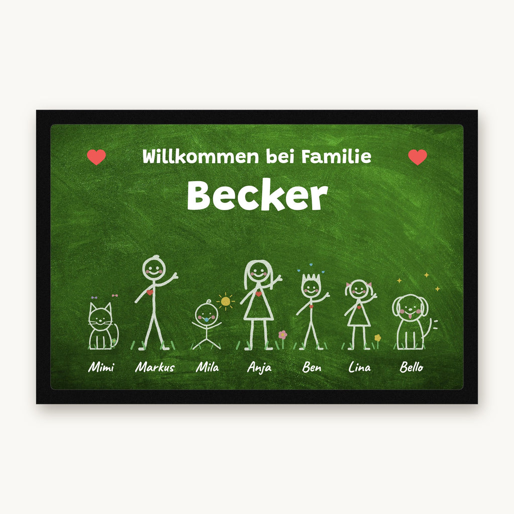 Kreidetafel-Fußmatte „Willkommen bei Familie Becker“ mit bunten Strichmännchen, Hund und Katze, Mattenfarbe Grün