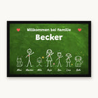 Kreidetafel-Fußmatte „Willkommen bei Familie Becker“ mit bunten Strichmännchen, Hund und Katze, Mattenfarbe Grün