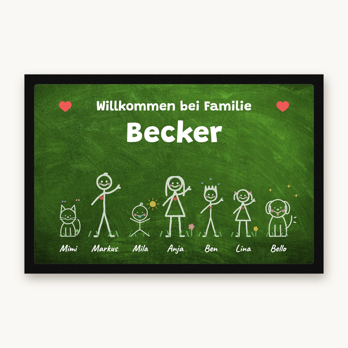 Kreidetafel-Fußmatte „Willkommen bei Familie Becker“ mit bunten Strichmännchen, Hund und Katze, Mattenfarbe Grün
