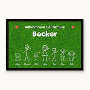 Kreidetafel-Fußmatte „Willkommen bei Familie Becker“ mit bunten Strichmännchen, Hund und Katze, Mattenfarbe Rasen