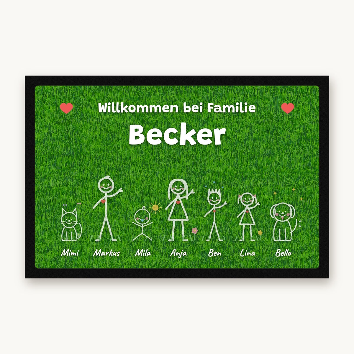 Kreidetafel-Fußmatte „Willkommen bei Familie Becker“ mit bunten Strichmännchen, Hund und Katze, Mattenfarbe Rasen
