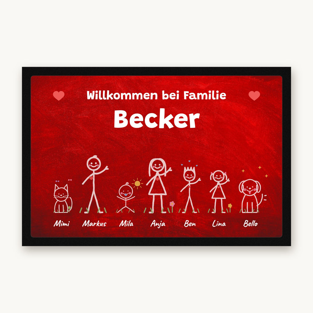 Kreidetafel-Fußmatte „Willkommen bei Familie Becker“ mit bunten Strichmännchen, Hund und Katze, Mattenfarbe Rot
