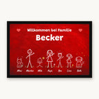 Kreidetafel-Fußmatte „Willkommen bei Familie Becker“ mit bunten Strichmännchen, Hund und Katze, Mattenfarbe Rot