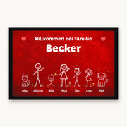 Kreidetafel-Fußmatte „Willkommen bei Familie Becker“ mit bunten Strichmännchen, Hund und Katze, Mattenfarbe Rot