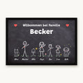 Kreidetafel-Fußmatte „Willkommen bei Familie Becker“ mit bunten Strichmännchen, Hund und Katze, Mattenfarbe Schwarz