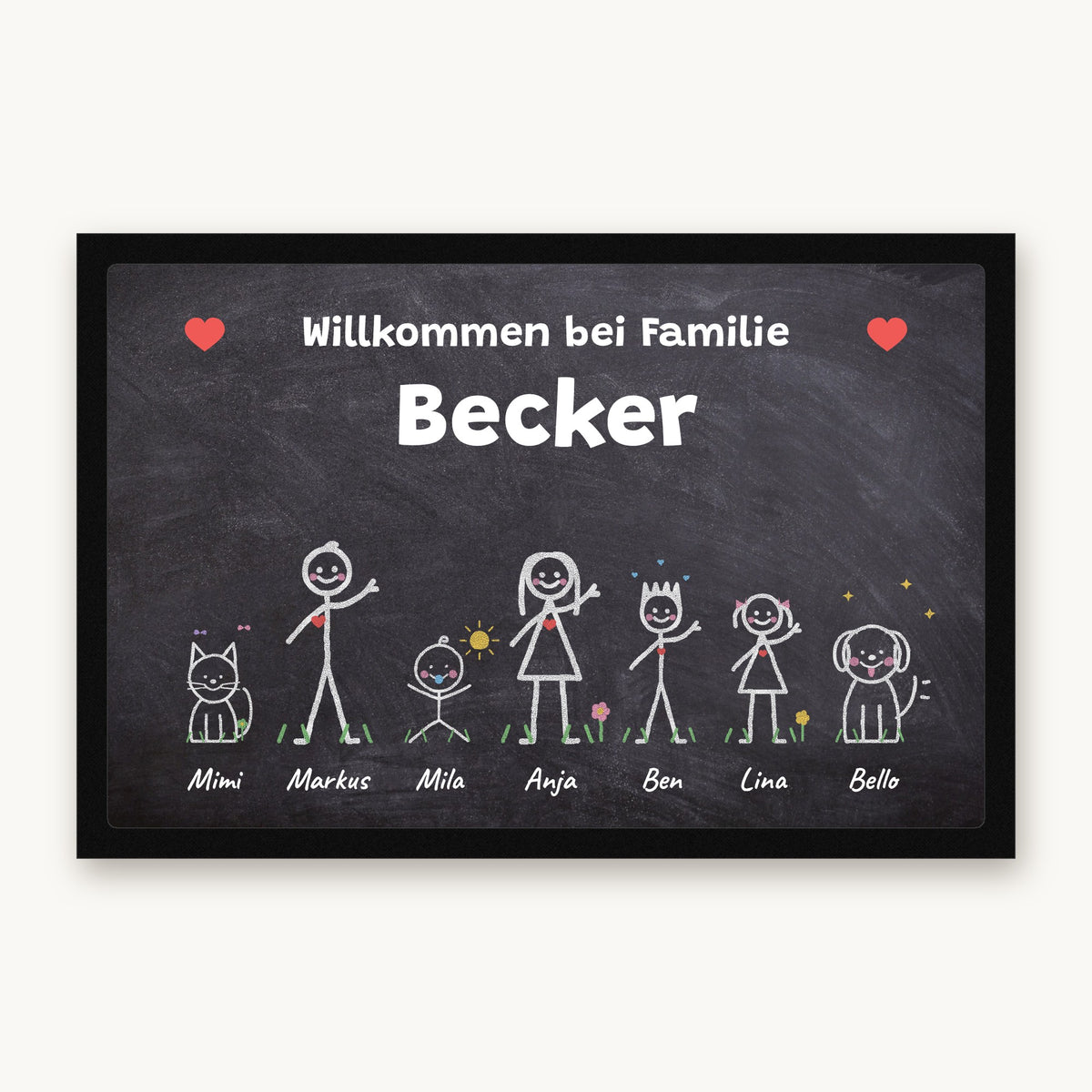 Kreidetafel-Fußmatte „Willkommen bei Familie Becker“ mit bunten Strichmännchen, Hund und Katze, Mattenfarbe Schwarz