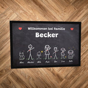 Kreidetafel-Fußmatte „Willkommen bei Familie Becker“ mit bunten Strichmännchen, Hund und Katze, auf Parkettboden