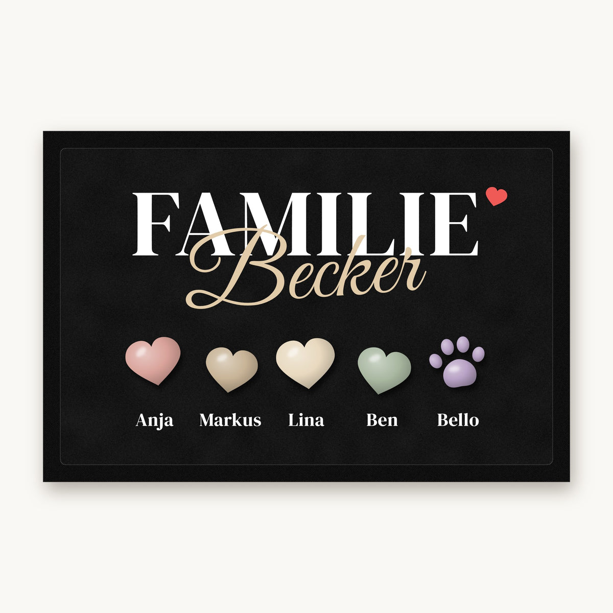 Fußmatte „Familie Becker“ mit farbigen Herzen, einer Pfote und Namen darunter, Mattenfarbe Schwarz