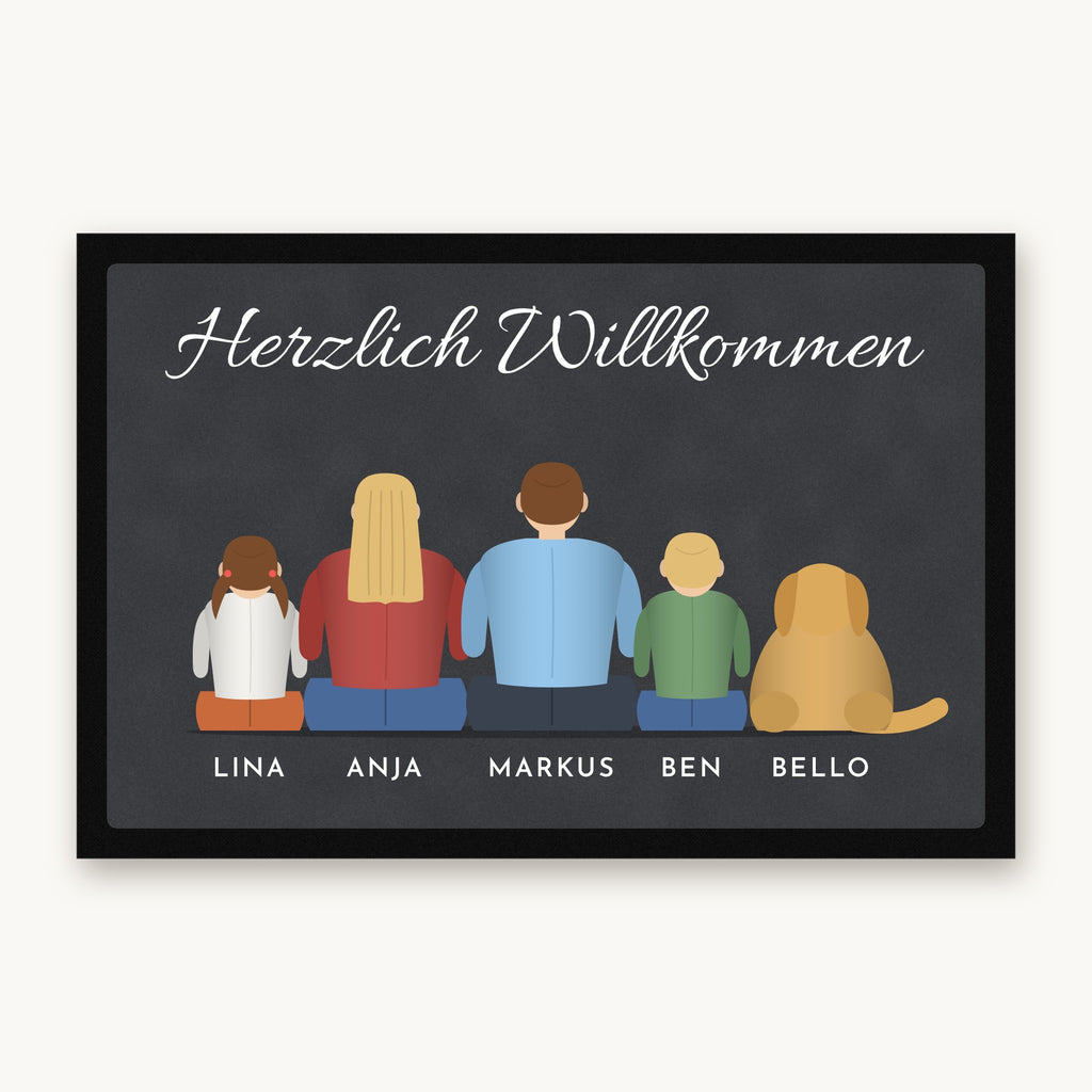 Fußmatte „Herzlich Willkommen“ mit gezeichneter Familie von hinten, Hund und Namen, Mattenfarbe Anthrazit
