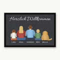 Fußmatte „Herzlich Willkommen“ mit gezeichneter Familie von hinten, Hund und Namen, Mattenfarbe Anthrazit