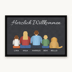 Fußmatte „Herzlich Willkommen“ mit gezeichneter Familie von hinten, Hund und Namen, Mattenfarbe Anthrazit