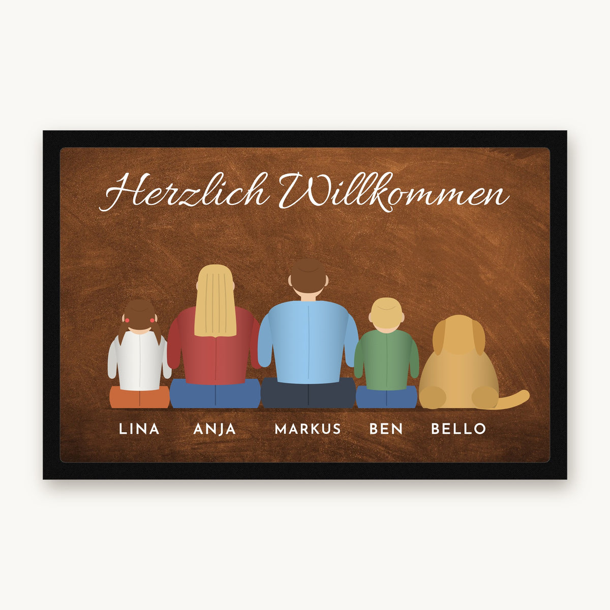 Fußmatte „Herzlich Willkommen“ mit gezeichneter Familie von hinten, Hund und Namen, Mattenfarbe Braun