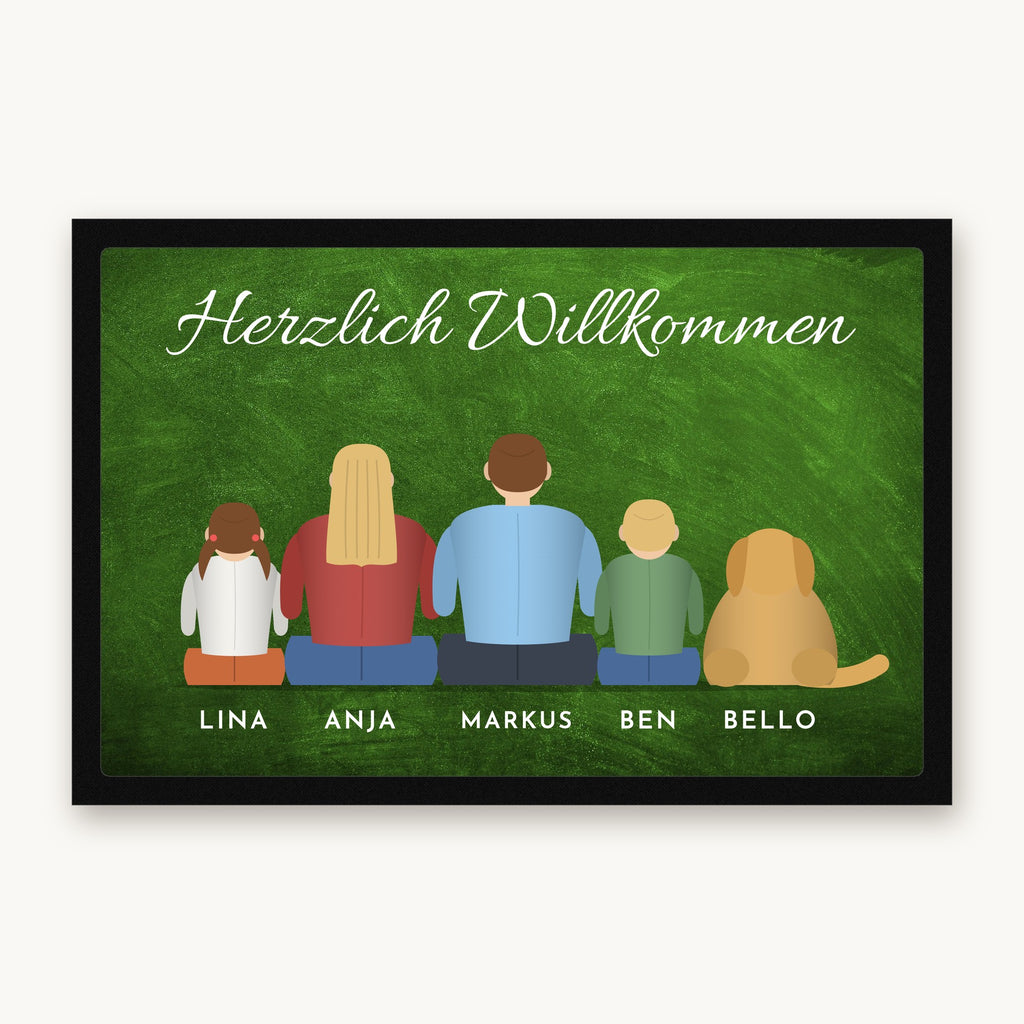 Fußmatte „Herzlich Willkommen“ mit gezeichneter Familie von hinten, Hund und Namen, Mattenfarbe Grün