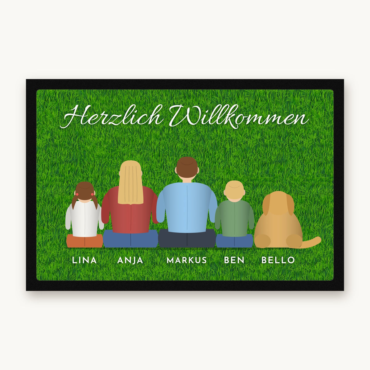 Fußmatte „Herzlich Willkommen“ mit gezeichneter Familie von hinten, Hund und Namen, Mattenfarbe Rasen