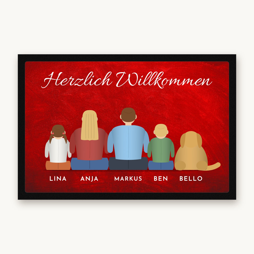 Fußmatte „Herzlich Willkommen“ mit gezeichneter Familie von hinten, Hund und Namen, Mattenfarbe Rot