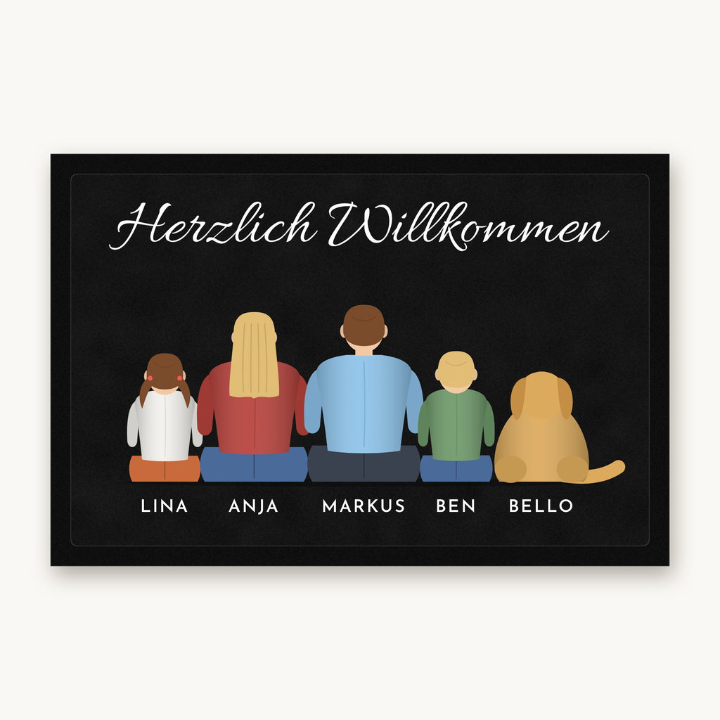 Fußmatte „Herzlich Willkommen“ mit gezeichneter Familie von hinten, Hund und Namen, Mattenfarbe Schwarz