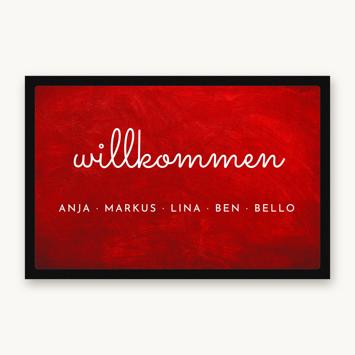 Schlichte Fußmatte „willkommen“ mit den Namen Anja, Markus, Lina, Ben und Bello, Mattenfarbe Rot