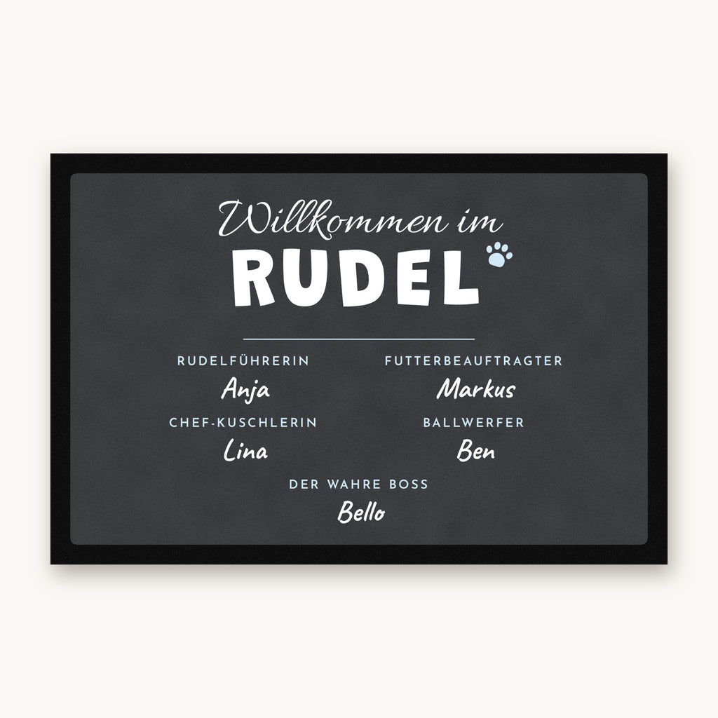 Fußmatte „Willkommen im Rudel“ mit Rollen wie Rudelführerin und Der wahre Boss und Namen, Mattenfarbe Anthrazit