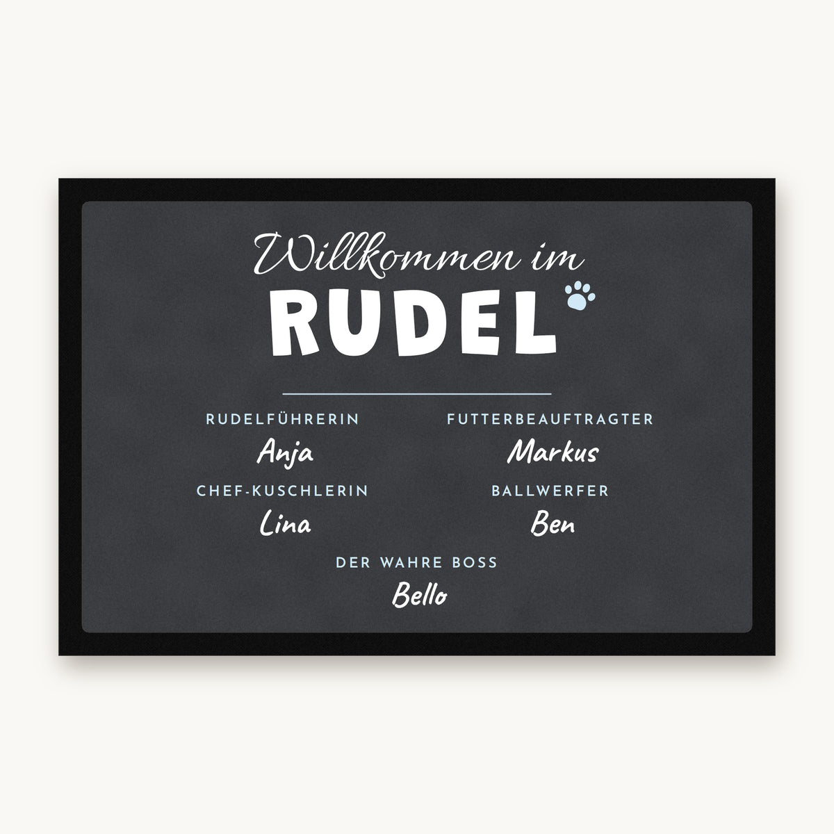 Fußmatte „Willkommen im Rudel“ mit Rollen wie Rudelführerin und Der wahre Boss und Namen, Mattenfarbe Anthrazit