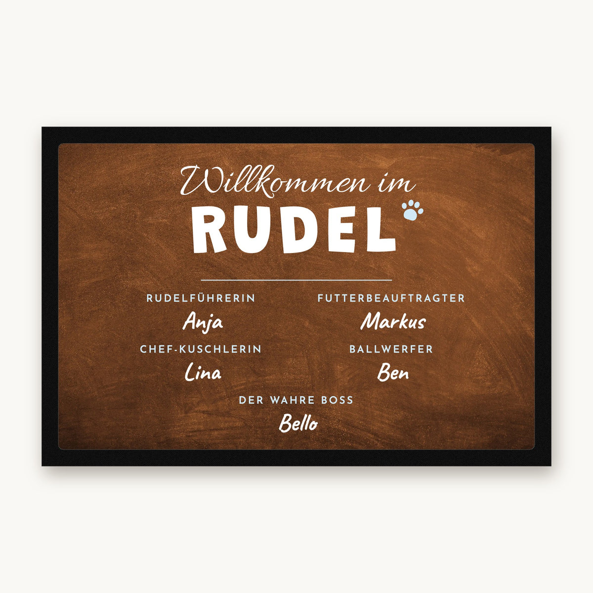 Fußmatte „Willkommen im Rudel“ mit Rollen wie Rudelführerin und Der wahre Boss und Namen, Mattenfarbe Braun
