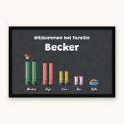 Fußmatte „Willkommen bei Familie Becker“ mit bunten Gummistiefeln, einem Napf und Namen darunter, Mattenfarbe Anthrazit