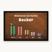 Fußmatte „Willkommen bei Familie Becker“ mit bunten Gummistiefeln, einem Napf und Namen darunter, Mattenfarbe Braun