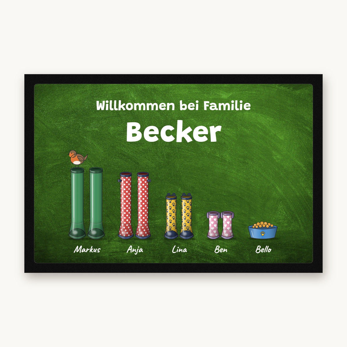 Fußmatte „Willkommen bei Familie Becker“ mit bunten Gummistiefeln, einem Napf und Namen darunter, Mattenfarbe Grün
