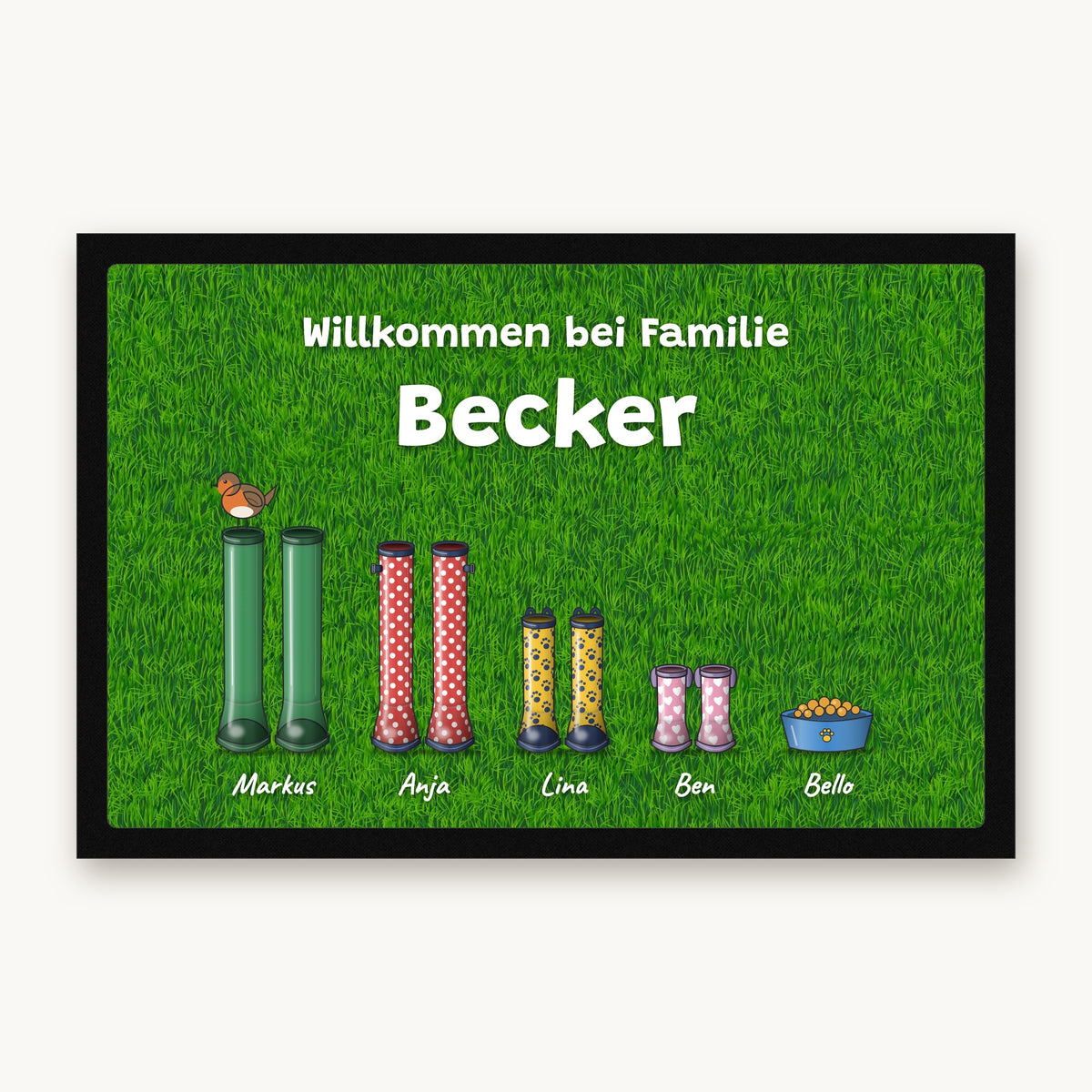 Fußmatte „Willkommen bei Familie Becker“ mit bunten Gummistiefeln, einem Napf und Namen darunter, Mattenfarbe Rasen