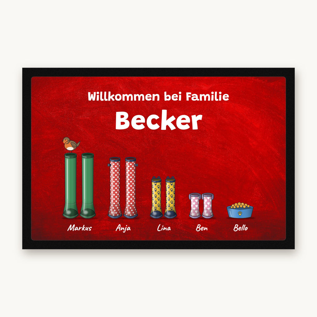 Fußmatte „Willkommen bei Familie Becker“ mit bunten Gummistiefeln, einem Napf und Namen darunter, Mattenfarbe Rot