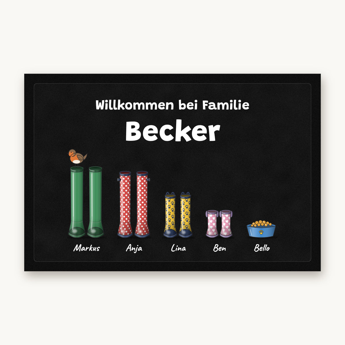 Fußmatte „Willkommen bei Familie Becker“ mit bunten Gummistiefeln, einem Napf und Namen darunter, Mattenfarbe Schwarz